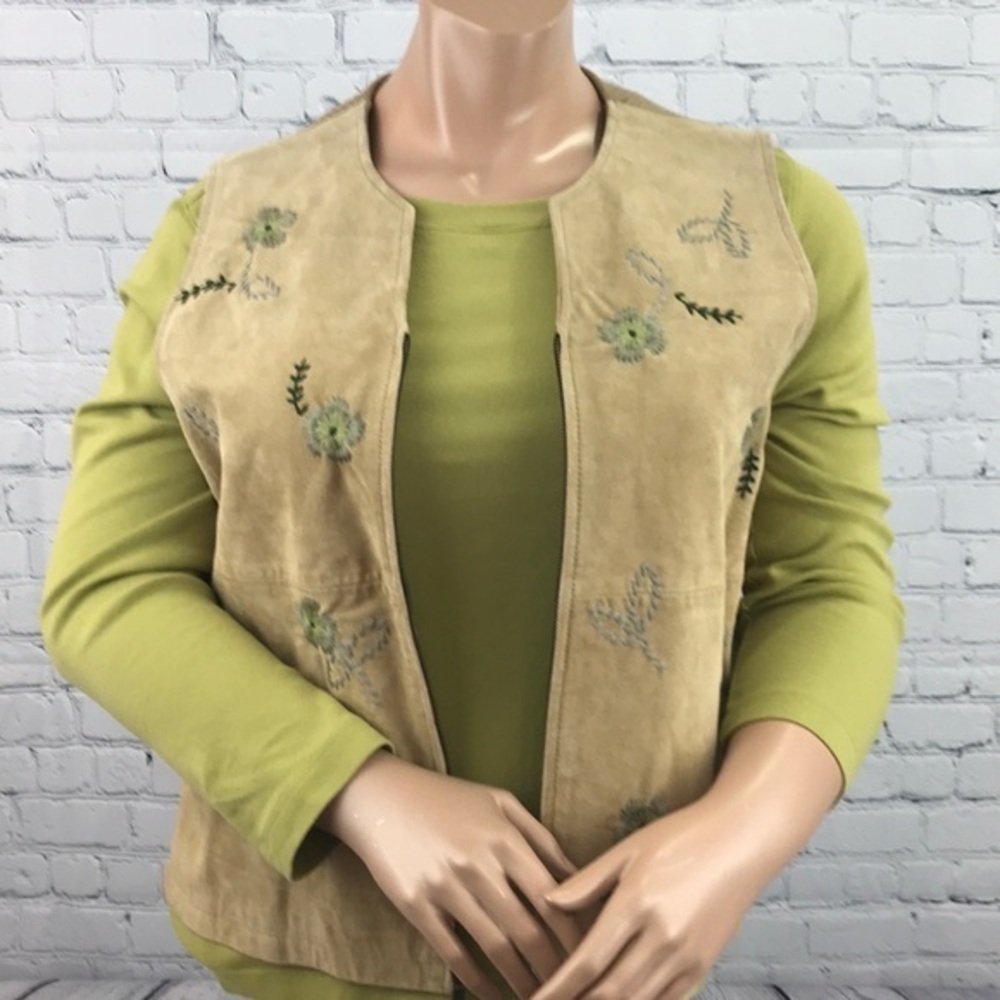 Vtg IVY Tan Suede Leather Floral Vest sz XL